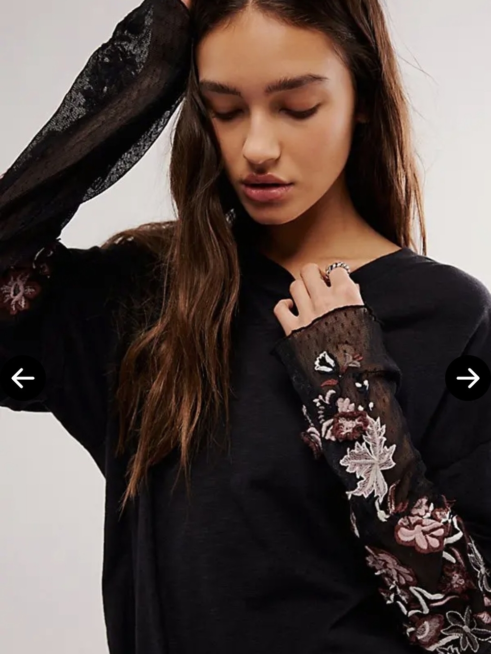 NEW WITH NO TAG!!!! Free People Black Top with Sheer Embroidered Sleeves